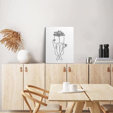 読書と花をモチーフにした北欧ミニマルな人物ラインアート