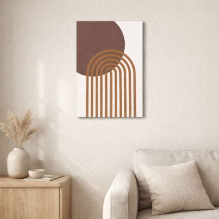 北欧ミニマルなリビングに飾られた抽象アーチラインアート