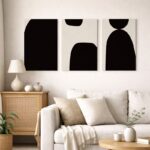 北欧ミニマルな空間に抽象アートを組み合わせて飾ったコーディネート例。統一感のある落ち着いたインテリア。