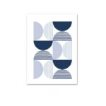 ホワイト背景にブルーの半円フォルムで描かれた、北欧ミニマル 抽象アート作品。