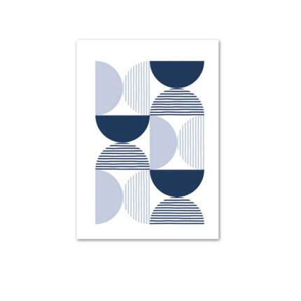 ホワイト背景にブルーの半円フォルムで描かれた、北欧ミニマル 抽象アート作品。