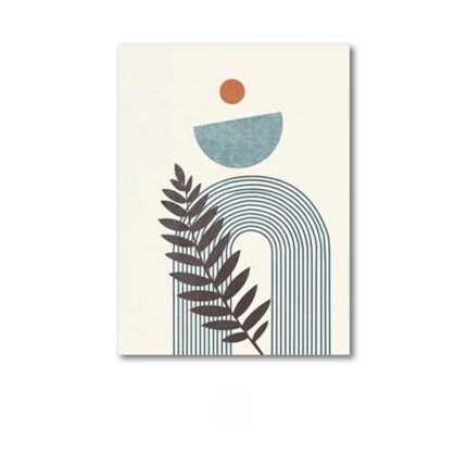 ベージュ背景にアーチラインとリーフモチーフで描かれた北欧ミニマル抽象アート作品。