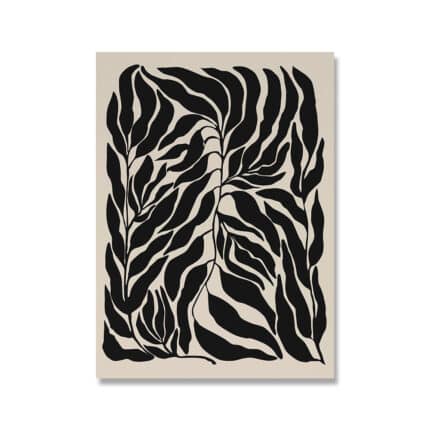 ベージュ背景にブラックのリーフフォルムで描かれた北欧ミニマル 抽象アート作品。