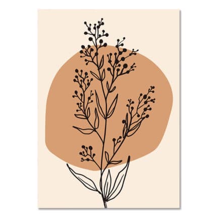 ベージュ背景にブラックラインで描かれた、北欧ミニマル 抽象アートの植物モチーフ作品。