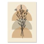 ベージュ背景にブラックラインで描かれた植物モチーフと半円ジオメトリ構成の北欧ミニマル 抽象アート作品。
