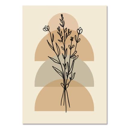 ベージュ背景にブラックラインで描かれた植物モチーフと半円ジオメトリ構成の北欧ミニマル 抽象アート作品。