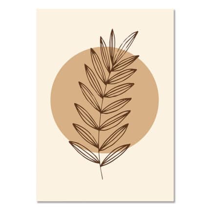 ベージュ背景にブラウンラインで描かれた、北欧ミニマル 抽象アートのリーフモチーフ作品。