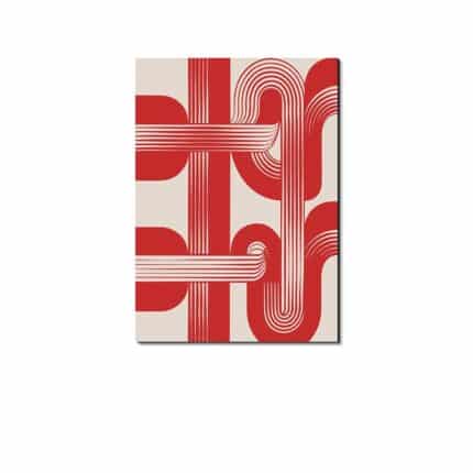 ベージュ背景にレッドラインで構成された北欧ミニマル 抽象アート作品。