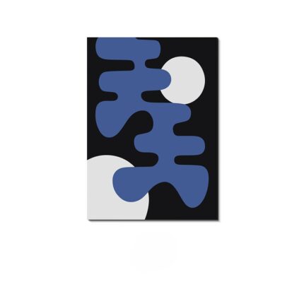 ブラック背景にブルーの有機的シェイプが映える北欧ミニマル抽象アート作品。