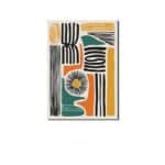 マスタードやグリーンを配したマルチカラーの北欧ミニマル抽象アート作品。