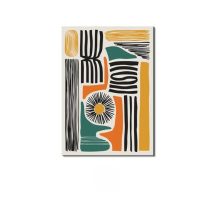 マスタードやグリーンを配したマルチカラーの北欧ミニマル抽象アート作品。