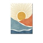 ベージュ背景に映える、北欧ミニマルな太陽モチーフの抽象アート作品。