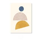 ベージュ背景に映える、アーチラインと円形で構成された北欧ミニマル抽象アート作品。