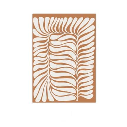 テラコッタカラーで描かれたリーフラインの北欧ミニマル抽象アート作品。