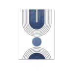 ホワイト背景にブルーアーチとブラックラインで描かれた、北欧ミニマル 抽象アート作品。