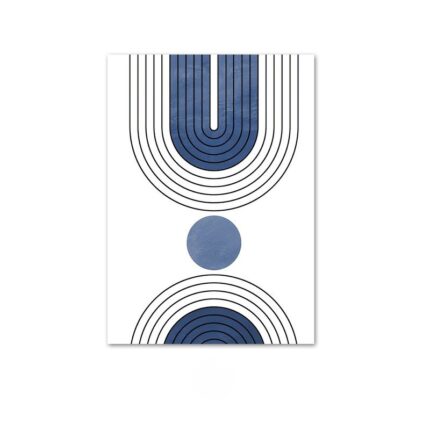 ホワイト背景にブルーアーチとブラックラインで描かれた、北欧ミニマル 抽象アート作品。
