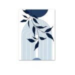 ホワイト背景にブルーアーチラインとリーフモチーフで描かれた北欧ミニマル 抽象アート作品。