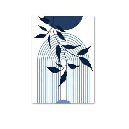 ホワイト背景にブルーアーチラインとリーフモチーフで描かれた北欧ミニマル 抽象アート作品。