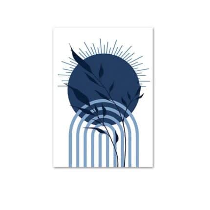 ホワイト背景にブルーサークルとアーチライン、リーフモチーフで描かれた北欧ミニマル 抽象アート作品。