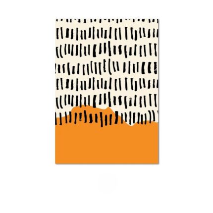 ブラックラインとオレンジのカラーブロックで構成された北欧ミニマル 抽象アート。