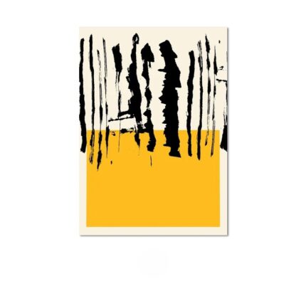 アイボリーベージュとマスタードイエローにブラックブラッシュで描かれた、北欧ミニマル 抽象アート作品。
