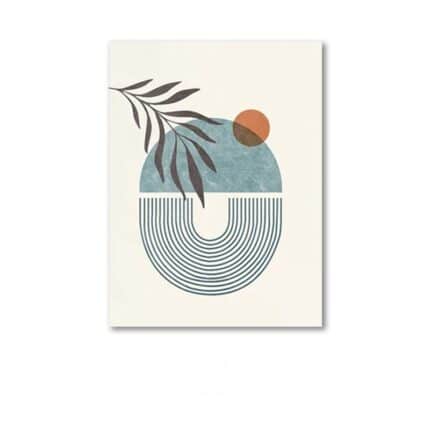 ベージュ背景にアーチラインとボタニカルモチーフで描かれた北欧ミニマル抽象アート作品。