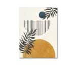 ベージュ背景にサークル構図とリーフラインで描かれた北欧ミニマル抽象アート作品。