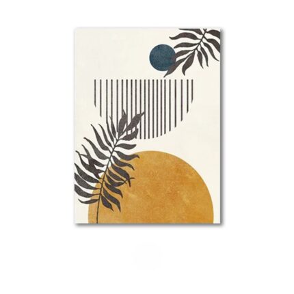 ベージュ背景にサークル構図とリーフラインで描かれた北欧ミニマル抽象アート作品。