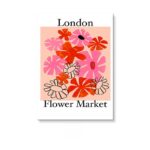 ピンクとレッドの花を抽象的に描いた、北欧ミニマルなロンドン フラワーマーケット ポスター。