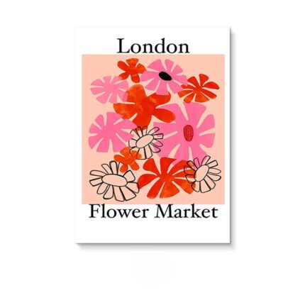 ピンクとレッドの花を抽象的に描いた、北欧ミニマルなロンドン フラワーマーケット ポスター。