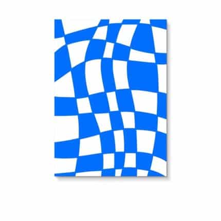 ブルーとホワイトのチェックパターンを抽象的に描いた北欧ミニマル 抽象アート。