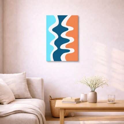 北欧ミニマルなリビング空間に飾られた、ブルーとオレンジの有機ラインが印象的な抽象アート（A3サイズ相当）。