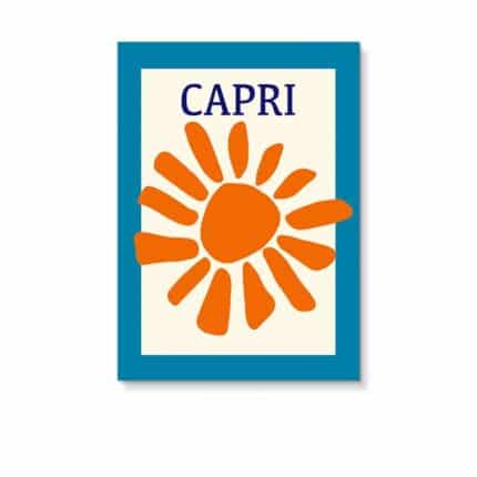 ブルーのフレームにオレンジの太陽モチーフを描いた北欧ミニマル 抽象アート。