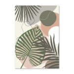 ベージュ背景にリーフモチーフと有機ラインで描かれた、北欧ミニマル 抽象アートのボタニカル作品。