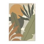 ベージュ背景にサンモチーフとリーフフォルムで描かれた、北欧ミニマル 抽象アート作品。