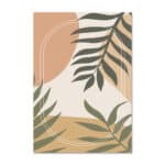 ベージュ背景にサークルラインとリーフモチーフで描かれた、北欧ミニマル 抽象アート作品。