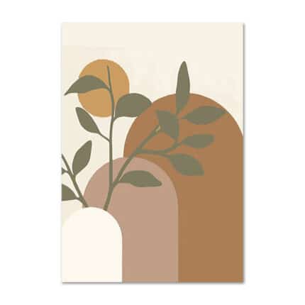 サンレイヤーとアーチフォルム、リーフモチーフで描かれた北欧ミニマル 抽象アート作品。