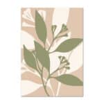 ベージュ背景にオリーブグリーンのリーフラインで描かれた、北欧ミニマルなボタニカル抽象アート作品。