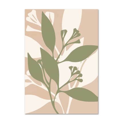 ベージュ背景にオリーブグリーンのリーフラインで描かれた、北欧ミニマルなボタニカル抽象アート作品。