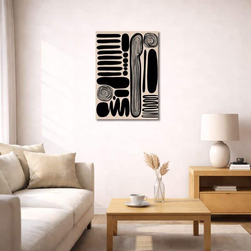 nordic-minimal-abstract-art-black-scene-10082 北欧ミニマルなリビング空間に飾られた、ブラックブラッシュ抽象アート(A3サイズ相当)。