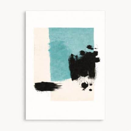 ホワイト背景に配置された、カラーブロックとブラックブラッシュの北欧ミニマル抽象アート作品。