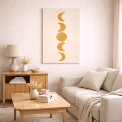 北欧ミニマルなリビング空間に飾られた、A3サイズ相当のムーンフェーズ抽象アート。