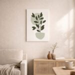 ベージュ背景にグリーンリーフを描いた、北欧ミニマル 抽象アートのボタニカル作品。
