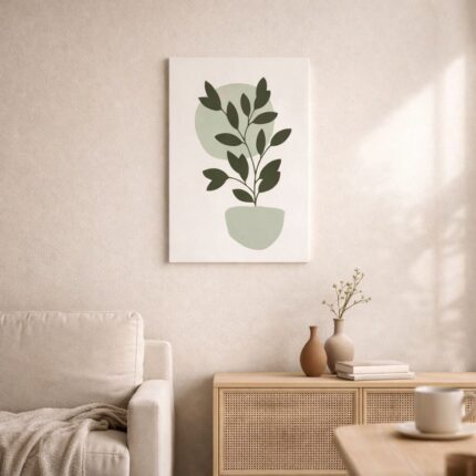 ベージュ背景にグリーンリーフを描いた、北欧ミニマル 抽象アートのボタニカル作品。