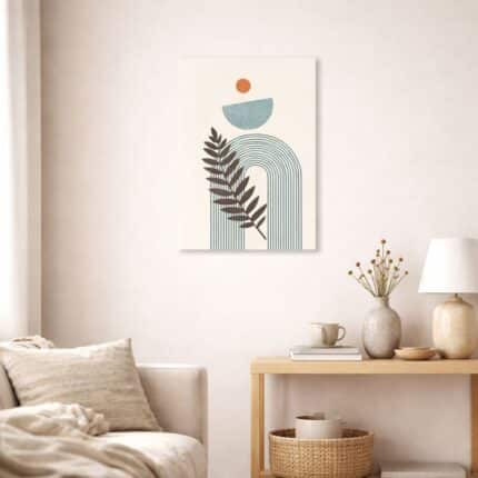 北欧ミニマルなリビング空間に飾られた、アーチラインとリーフモチーフの抽象アート（A3サイズ相当）。