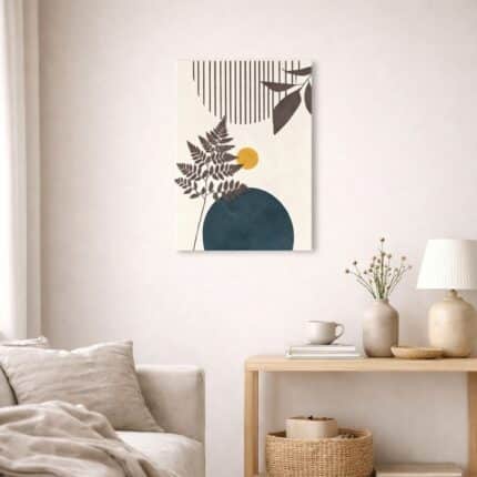 北欧ミニマルなリビング空間に飾られた、サークルラインとボタニカルモチーフの抽象アート（A3サイズ相当）。