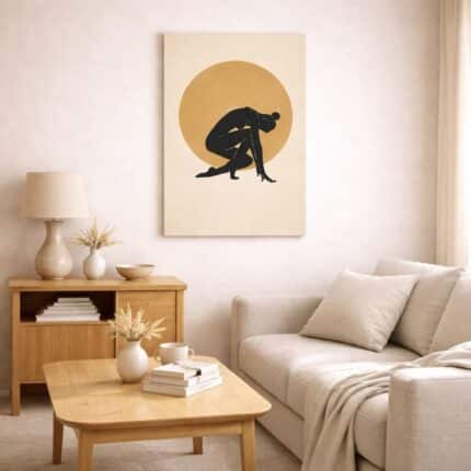 北欧ミニマルなリビング空間に飾られた人体シルエットの抽象アート。A3サイズ相当。