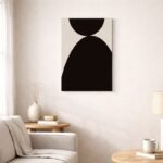 北欧ミニマルなリビング空間に飾られた、ブラックフォルムの北欧ミニマル 抽象アート（A3サイズ相当）。