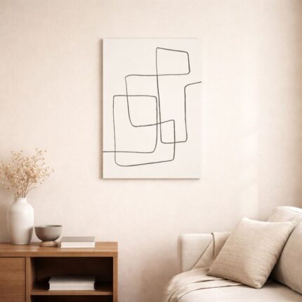 北欧ミニマルなリビング空間に飾られた、ブラックラインの北欧ミニマル 抽象アート（A3サイズ相当）。