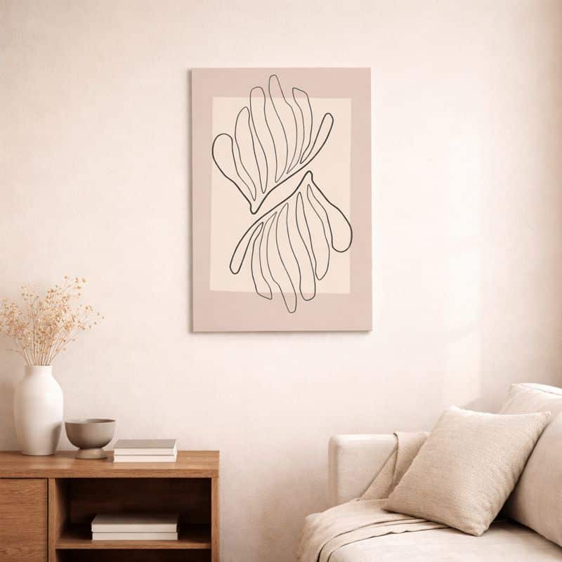 nordic-minimal-abstract-art-scene-10057 北欧ミニマルなリビング空間に飾られた、ブラックライン ボタニカルの北欧ミニマル抽象アート(A3サイズ相当)。